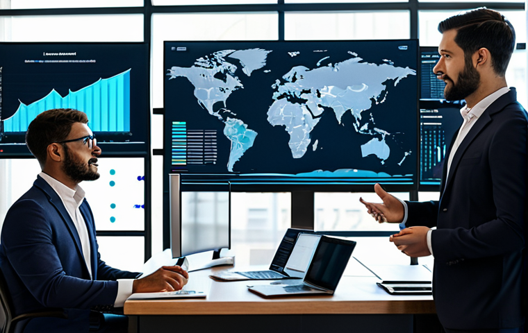 A diverse team of data scientists and business professionals in modest business attire, gathered in a modern, high-tech office. Large digital screens display intricate data visualizations, charts, and predictive analytics models. One professional points at a holographic interface, discussing insights with colleagues. The scene conveys innovation and data-driven decision-making. Fully clothed, appropriate attire, safe for work, professional, perfect anatomy, correct proportions, natural pose, well-formed hands, proper finger count, natural body proportions, high-quality, professional photography.