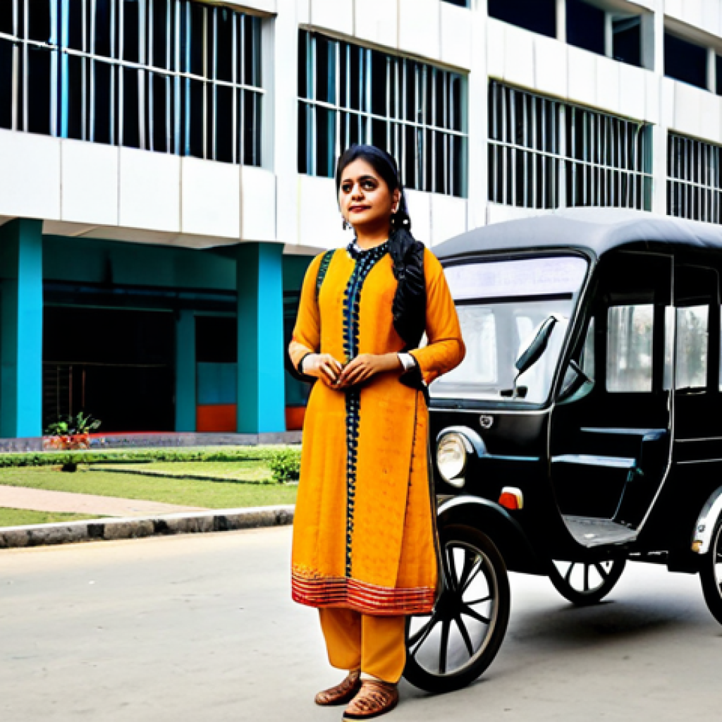 **
"A professional businesswoman in a modest, elegant salwar kameez, standing in front of a modern office building in Dhaka, Bangladesh. Fully clothed, appropriate attire, safe for work, perfect anatomy, natural proportions, professional photography, high quality. Background includes rickshaws and people in traditional Bengali clothing. Family-friendly, professional."
**