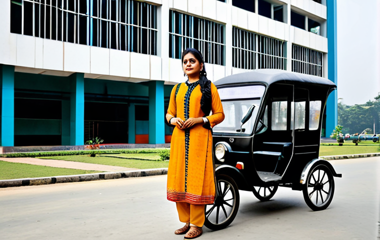 **

"A professional businesswoman in a modest, elegant salwar kameez, standing in front of a modern office building in Dhaka, Bangladesh. Fully clothed, appropriate attire, safe for work, perfect anatomy, natural proportions, professional photography, high quality. Background includes rickshaws and people in traditional Bengali clothing. Family-friendly, professional."

**