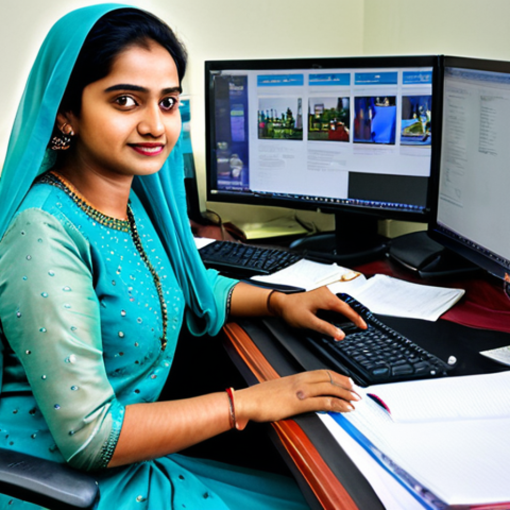 ** A local businesswoman in a modest salwar kameez, sitting at a desk in a vibrant, bustling Dhaka office. Professional environment, fully clothed, safe for work, perfect anatomy.

**