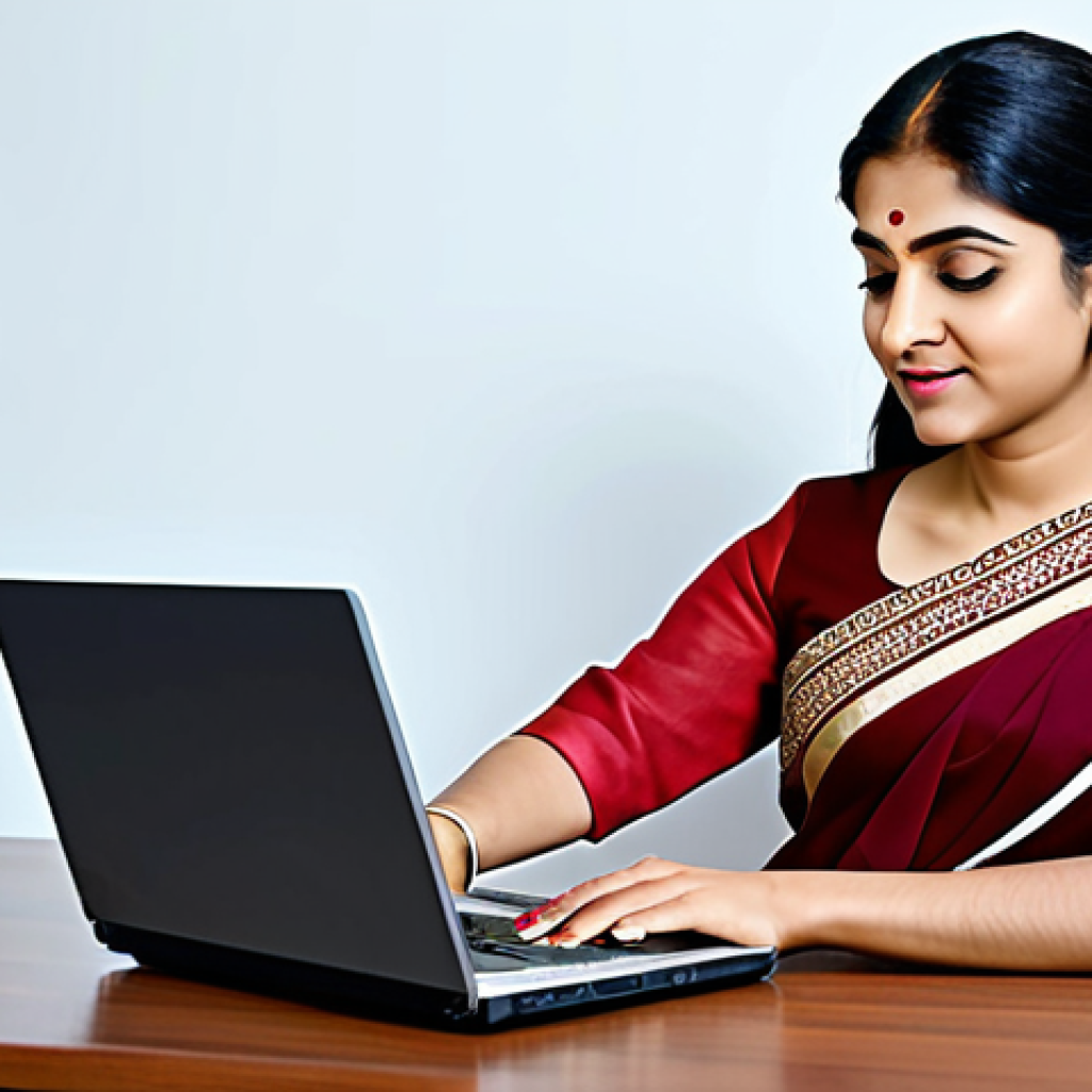 ** A fully clothed professional businesswoman in a modest saree, working on a laptop at a modern office desk, appropriate attire, safe for work, perfect anatomy, natural pose, professional photography, high quality, family-friendly.

**