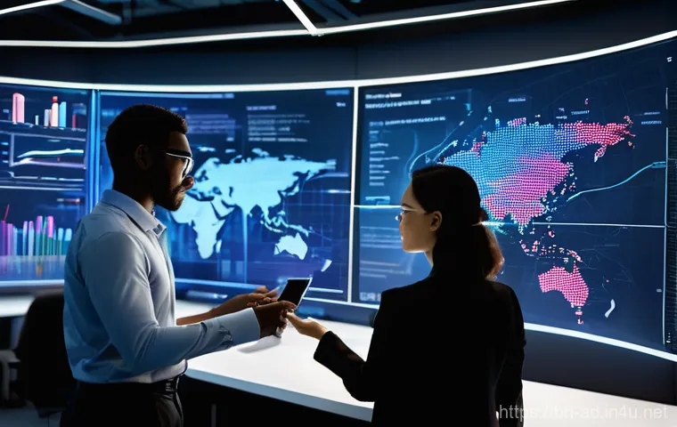 광고홍보사와 고객 데이터 활용 광고 - **Prompt:** A dynamic, wide-angle shot of a modern, diverse team of data analysts (men and women, al...