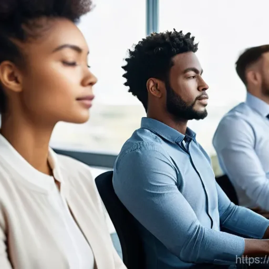 광고홍보사 업무 스트레스 관리법 - **Prompt:** A serene, diverse group of young professionals, male and female, in a modern, brightly l...