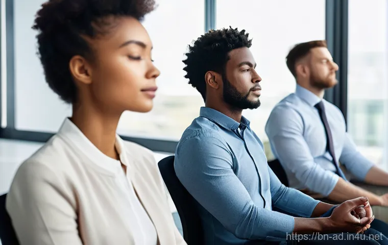 광고홍보사 업무 스트레스 관리법 - **Prompt:** A serene, diverse group of young professionals, male and female, in a modern, brightly l...