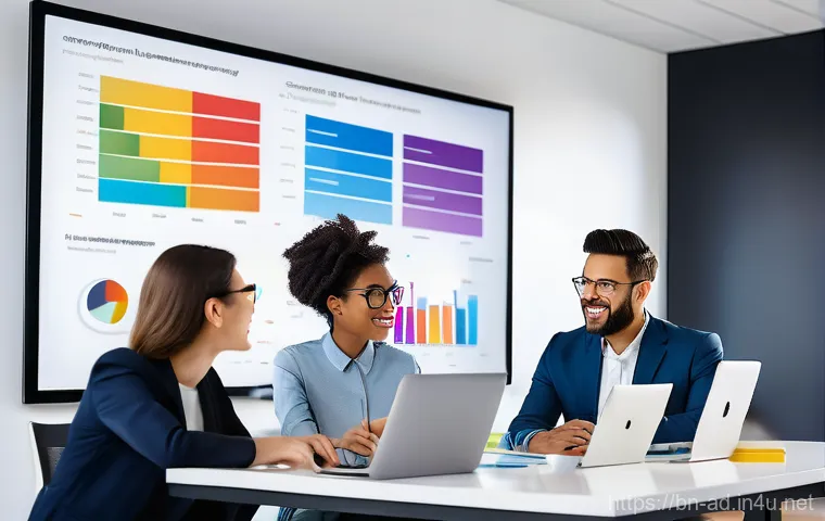 광고홍보사와 고객 만족도 조사 방법 - A vibrant, modern advertising agency office with a diverse team of young professionals collaborative...