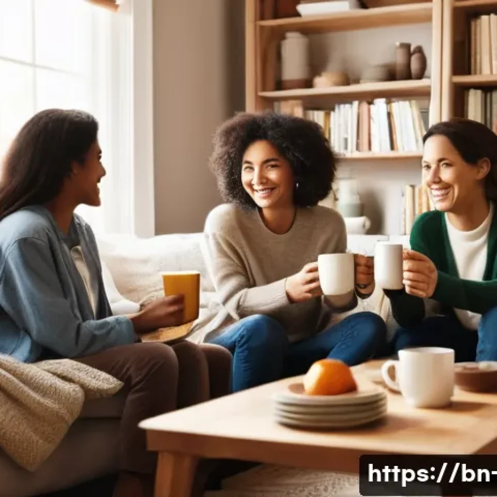 광고홍보사와 브랜드 충성도 구축 - **Prompt:** A cozy, warmly lit living room scene. A diverse group of friends, aged 20s to 40s, are c...