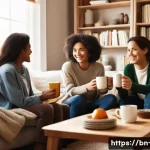 광고홍보사와 브랜드 충성도 구축 - **Prompt:** A cozy, warmly lit living room scene. A diverse group of friends, aged 20s to 40s, are c...