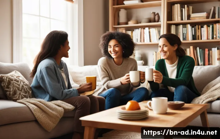 광고홍보사와 브랜드 충성도 구축 - **Prompt:** A cozy, warmly lit living room scene. A diverse group of friends, aged 20s to 40s, are c...