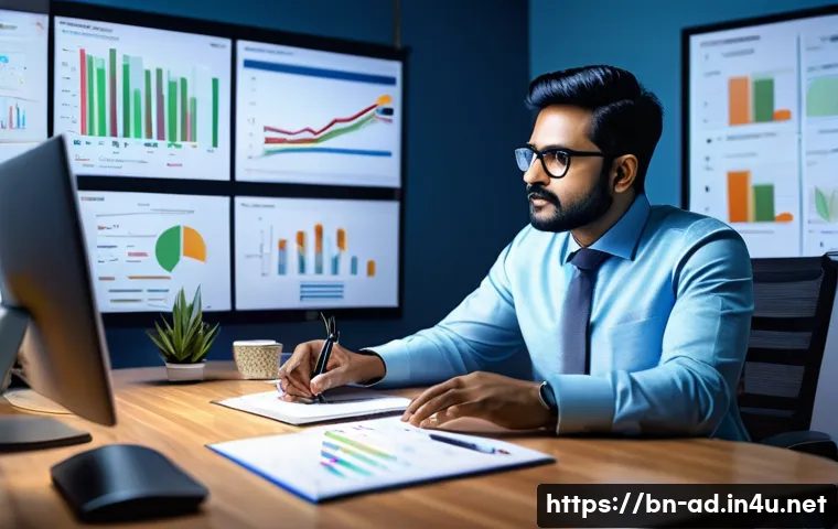 광고홍보사와 고객 분석 툴 활용 - A modern digital marketing workspace featuring a Bengali professional analyzing customer behavior da...