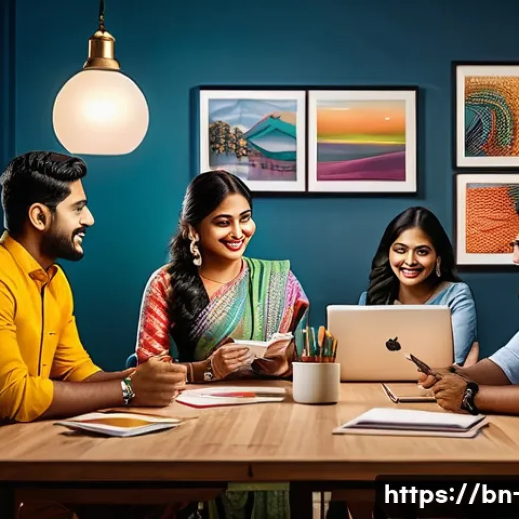 광고홍보사와 성공적인 광고 구성 요소 - A vibrant and dynamic advertisement studio scene showcasing a diverse team of Bengali marketing prof...