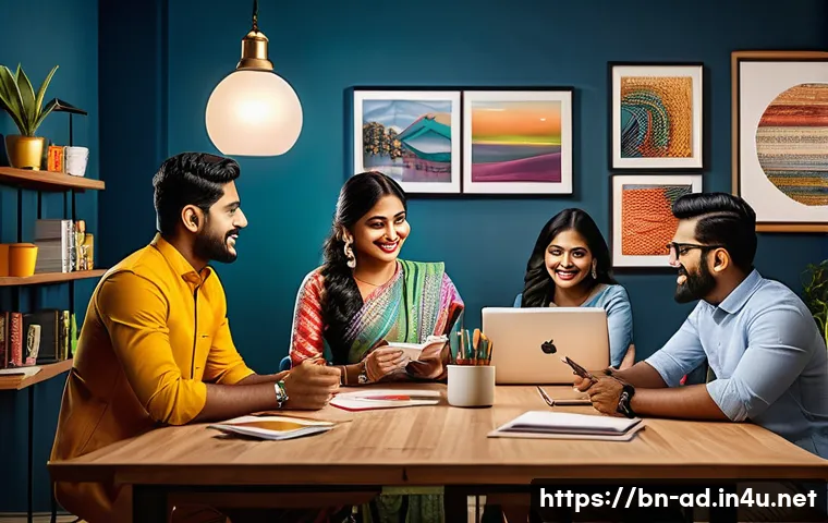 광고홍보사와 성공적인 광고 구성 요소 - A vibrant and dynamic advertisement studio scene showcasing a diverse team of Bengali marketing prof...