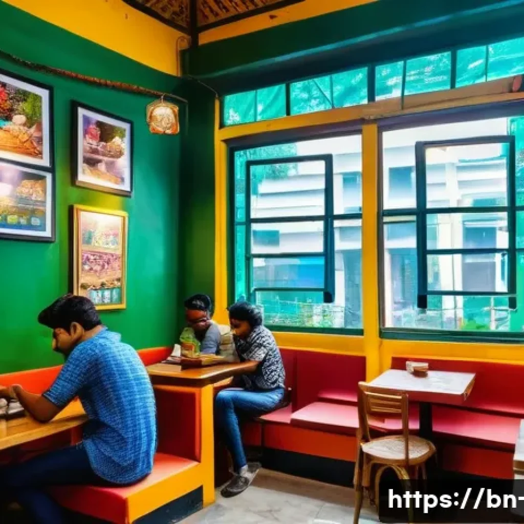 광고홍보사와 로컬 광고 성공 사례 - A vibrant local caf&eacute; scene in Bangladesh, showing a diverse group of young customers using smartphon...