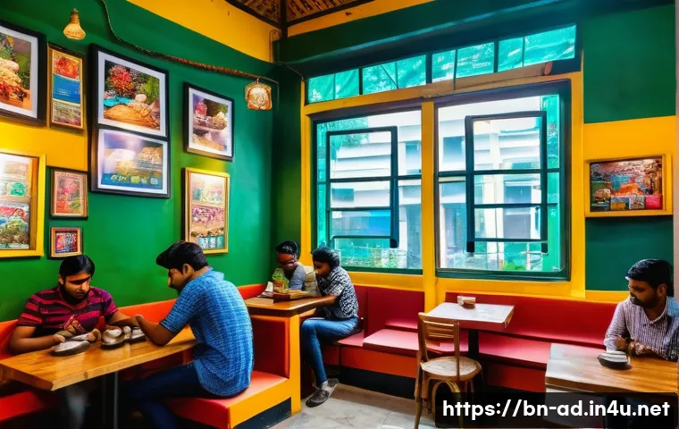 광고홍보사와 로컬 광고 성공 사례 - A vibrant local caf&eacute; scene in Bangladesh, showing a diverse group of young customers using smartphon...