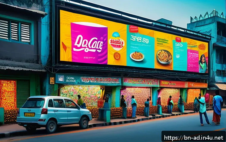 광고홍보사와 크리에이티브 광고 심화 - A vibrant and dynamic digital advertisement scene showcasing a creative storytelling concept for a B...