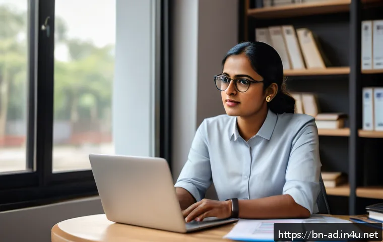 광고홍보사 경력직 이직 팁 - A professional Bengali woman in her 30s sitting confidently at a modern workspace, evaluating her sk...