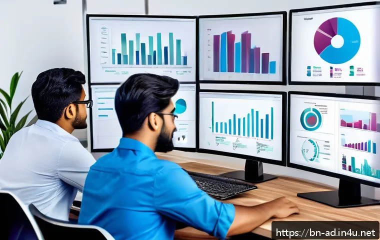 광고홍보사와 광고 제작 예산 절감 - A professional digital marketing team analyzing target audience data on multiple high-resolution com...