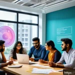 Home 18 광고홍보사와 크리에이티브 아이디어 - A vibrant, detailed scene of a Bengali creative marketing team brainstorming in a modern office, sur...
