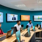 Home 23 광고홍보사와 광고 효율성 평가 사례 - A vibrant digital marketing scene featuring a diverse Bengali team collaborating in a modern office ...