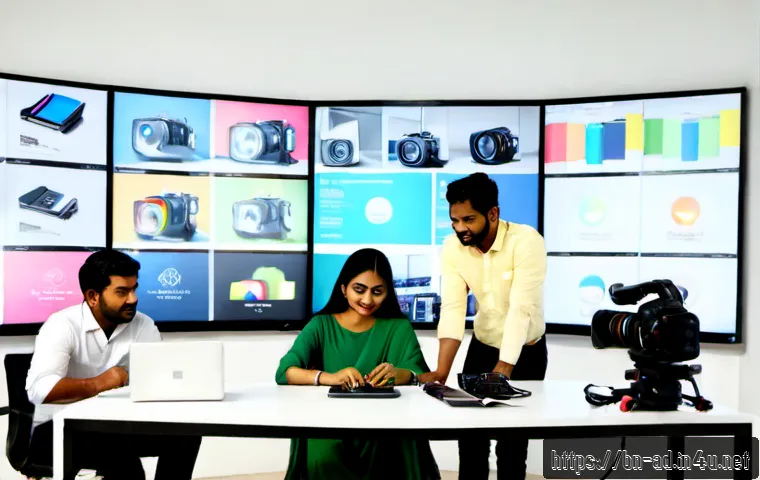 Home 13 광고홍보사와 광고 제작 툴 활용 - Photorealistic modern advertising agency workspace in Dhaka, diverse Bengali creative team collabora...